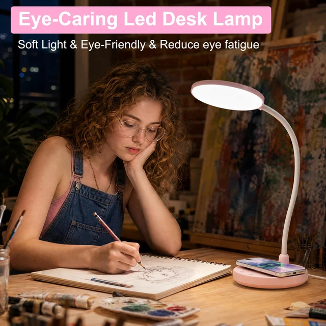 Alt view image 5 of 7 - Pink Desk Lamp, Cute Desk Lamp for Girls, Wireless Charger, Dorm 3 Color Modes, Stepless Dimming Desk Light, 360°Flexible Neck Table Lamp for Bedside Reading, Kids Room, with Adapter
