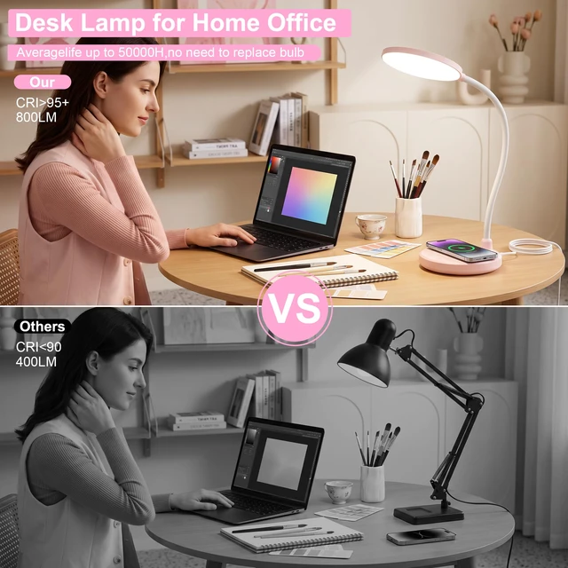 Alt view image 6 of 7 - Pink Desk Lamp, Cute Desk Lamp for Girls, Wireless Charger, Dorm 3 Color Modes, Stepless Dimming Desk Light, 360°Flexible Neck Table Lamp for Bedside Reading, Kids Room, with Adapter