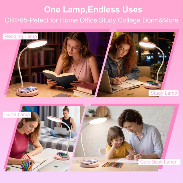 Alt view image 7 of 7 - Pink Desk Lamp, Cute Desk Lamp for Girls, Wireless Charger, Dorm 3 Color Modes, Stepless Dimming Desk Light, 360°Flexible Neck Table Lamp for Bedside Reading, Kids Room, with Adapter