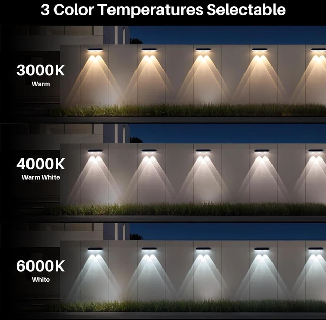 Alt view image 2 of 7 - Solar Fence Lights Outdoor 12 Pack for Wall, Step, Porch, Deck, Railing 3000K/4000K/6000K 3 Modes Waterproof Dusk to Dawn Lighting Solar Powered Bright LED Lens Downlights
