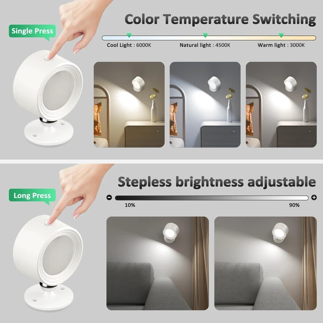 Alt view image 2 of 7 - LED Wall Mounted Lights with Remote, Rechargeable Wall Sconces 3 Pack, 3000mAh Battery Cordless Wall Lamp, 3 Color Temps Dimmable Touch, Magnetic 360° Rotation, for Bedroom Bedside Reading