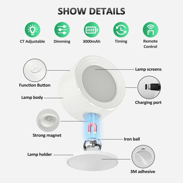 Alt view image 7 of 7 - LED Wall Mounted Lights with Remote, Rechargeable Wall Sconces 3 Pack, 3000mAh Battery Cordless Wall Lamp, 3 Color Temps Dimmable Touch, Magnetic 360° Rotation, for Bedroom Bedside Reading
