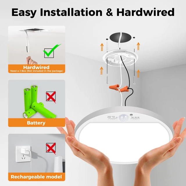 Alt view image 2 of 7 - 2Pack Motion Sensor Light Indoor Wired, 12 Inch 3000K/4000K/6500K Closet Lights Motion Sensored, 24W 2400LM Flush Mount Ceiling Light for Hallway Pantry Stairwell Porch, White