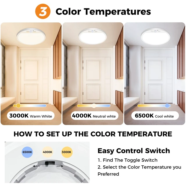 Alt view image 3 of 7 - 2Pack Motion Sensor Light Indoor Wired, 12 Inch 3000K/4000K/6500K Closet Lights Motion Sensored, 24W 2400LM Flush Mount Ceiling Light for Hallway Pantry Stairwell Porch, White