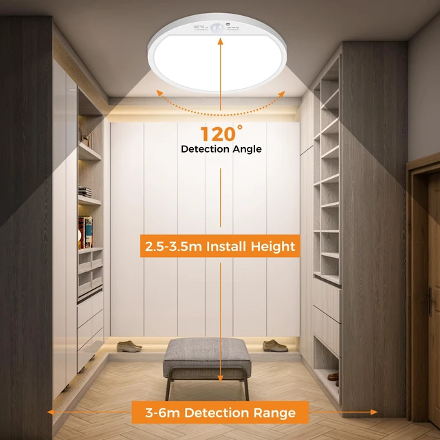 Alt view image 6 of 7 - 2Pack Motion Sensor Light Indoor Wired, 12 Inch 3000K/4000K/6500K Closet Lights Motion Sensored, 24W 2400LM Flush Mount Ceiling Light for Hallway Pantry Stairwell Porch, White