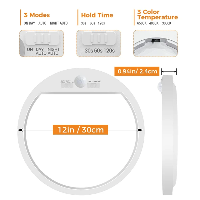 Alt view image 7 of 7 - 2Pack Motion Sensor Light Indoor Wired, 12 Inch 3000K/4000K/6500K Closet Lights Motion Sensored, 24W 2400LM Flush Mount Ceiling Light for Hallway Pantry Stairwell Porch, White