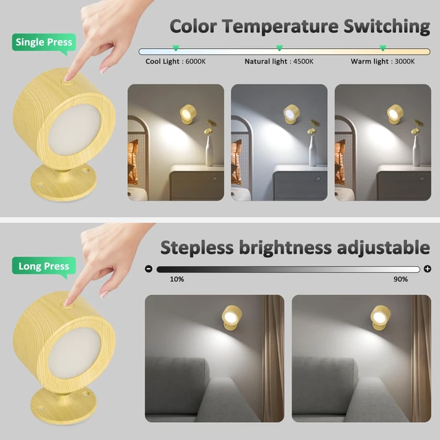 Alt view image 3 of 6 - LED Wall Mounted Lights 3 Pcs with Remote, Wall Sconces Lamp 3000mAh Rechargeable Battery Operated, 3 Color Temperatures & Dimmable Magnetic 360° Rotation Cordless Light for Bedroom Reading