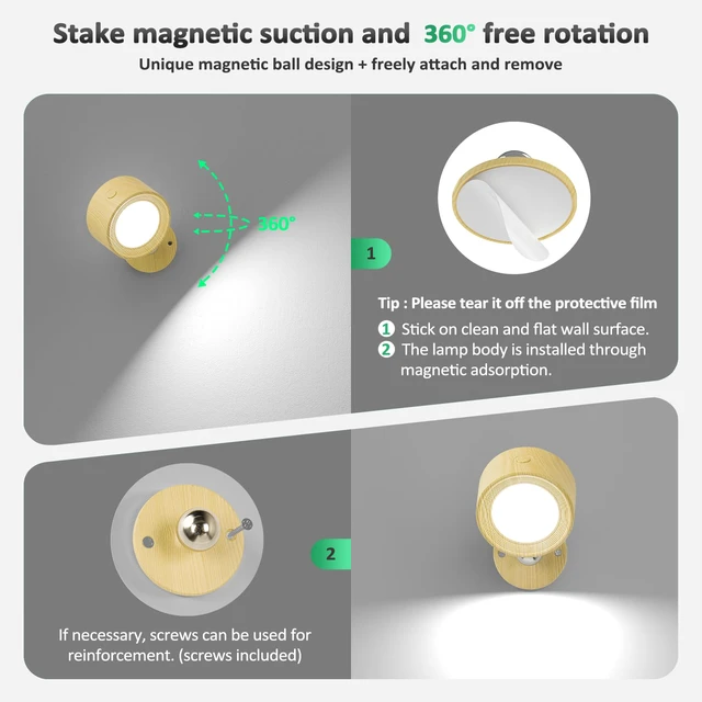 Alt view image 5 of 6 - LED Wall Mounted Lights 3 Pcs with Remote, Wall Sconces Lamp 3000mAh Rechargeable Battery Operated, 3 Color Temperatures & Dimmable Magnetic 360° Rotation Cordless Light for Bedroom Reading