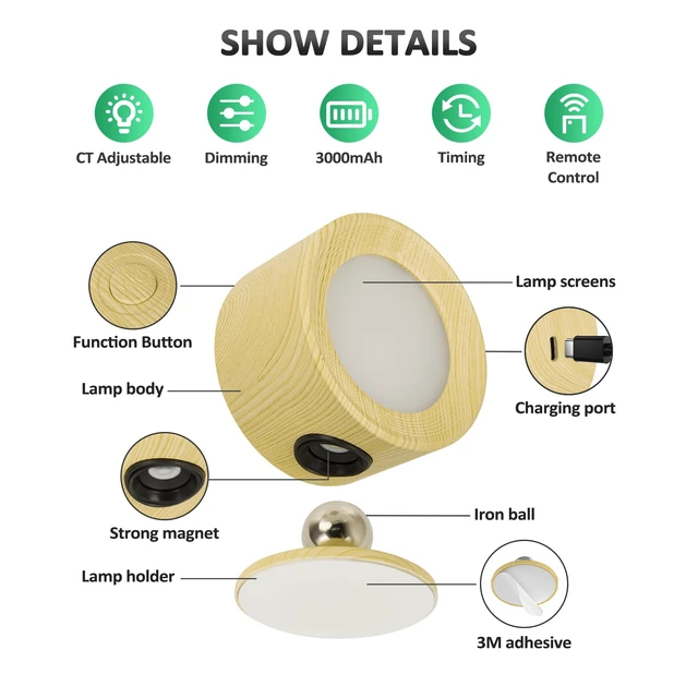 Alt view image 6 of 6 - LED Wall Mounted Lights 3 Pcs with Remote, Wall Sconces Lamp 3000mAh Rechargeable Battery Operated, 3 Color Temperatures & Dimmable Magnetic 360° Rotation Cordless Light for Bedroom Reading