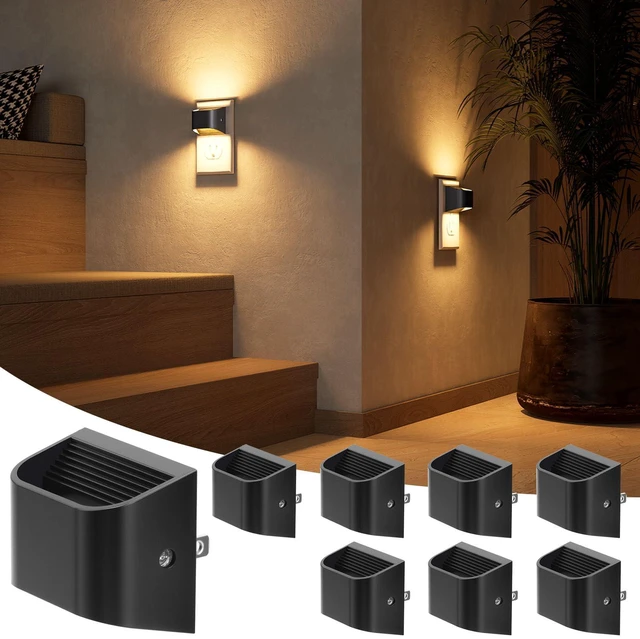 Main image of Night Lights Plug Into Wall, 8 Pack, 3000K, Auto On/Off, Black Eye Friendly Warm White, Dusk to Dawn Sensor Night Light, Ultra-Slim Wall Light for Bedroom Hallway Bathroom Stairs