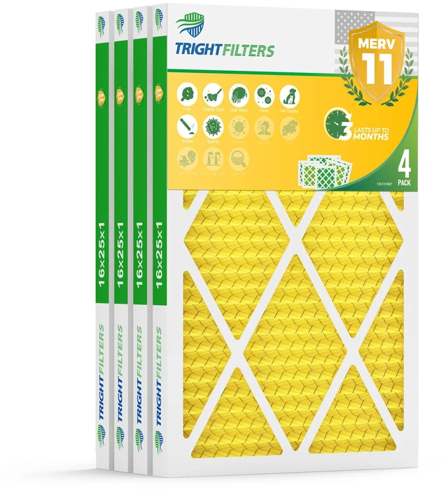 Main image of 16x25x1 Air Filter 4 Pack, MERV 11 Dust & Pet Dander Defense Electrostatic Pleated HVAC AC Furnace Filters Replacement for Home (Actual Size 15.67x24.69x0.79 in)