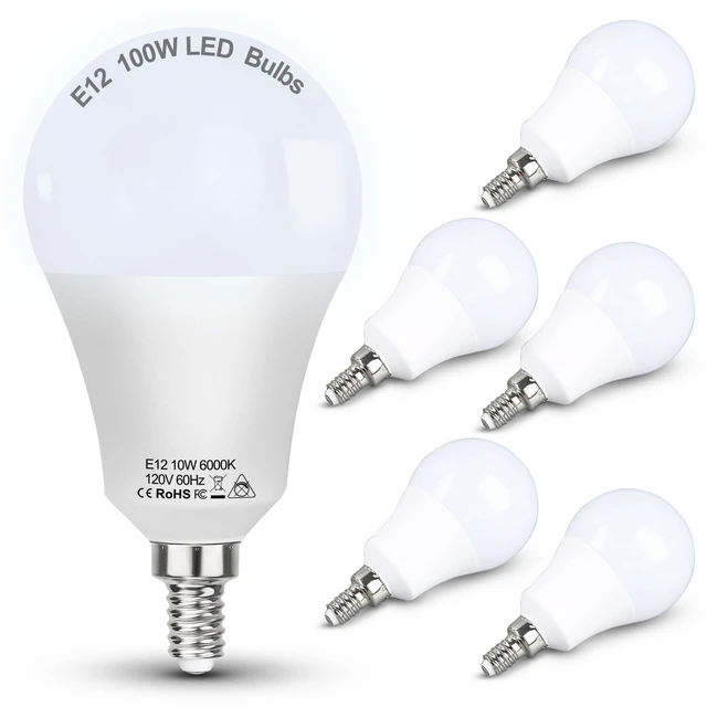 Main image of E12 100W LED Candelabra Bulb Replacement for Ceiling Fan Chandelier 6000K Daylight White,Bright Small Base Bulbs 10w 1200lm for Pendant Lighting,Non Dimmable,6PACK