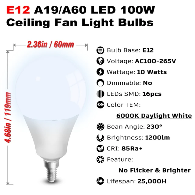 Alt view image 7 of 7 - E12 100W LED Candelabra Bulb Replacement for Ceiling Fan Chandelier 6000K Daylight White,Bright Small Base Bulbs 10w 1200lm for Pendant Lighting,Non Dimmable,6PACK