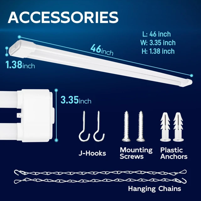 Alt view image 2 of 7 - LED Shop Light 4FT 44W (300W Equivalent), 4600LM 5000K Daylight Hanging or Surface Mount,Plug-in Utility Linkable Shop Light for Garage,Workshop,Warehouse,Energy Efficient,White,4 Pack