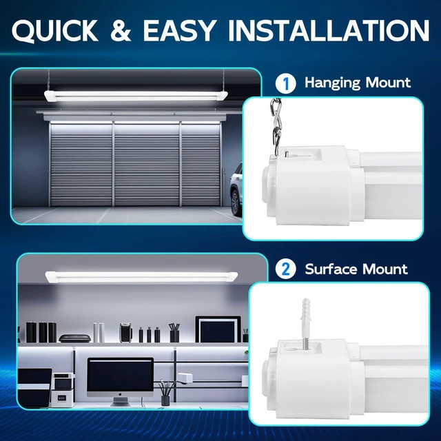 Alt view image 3 of 7 - LED Shop Light 4FT 44W (300W Equivalent), 4600LM 5000K Daylight Hanging or Surface Mount,Plug-in Utility Linkable Shop Light for Garage,Workshop,Warehouse,Energy Efficient,White,4 Pack