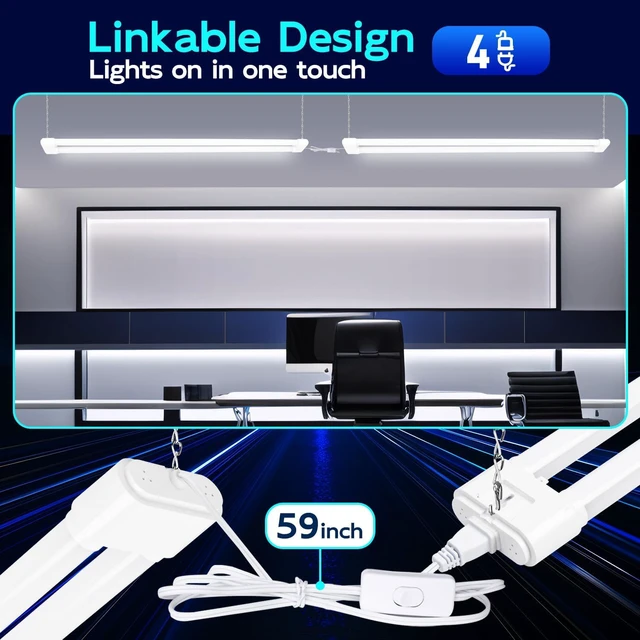 Alt view image 4 of 7 - LED Shop Light 4FT 44W (300W Equivalent), 4600LM 5000K Daylight Hanging or Surface Mount,Plug-in Utility Linkable Shop Light for Garage,Workshop,Warehouse,Energy Efficient,White,4 Pack