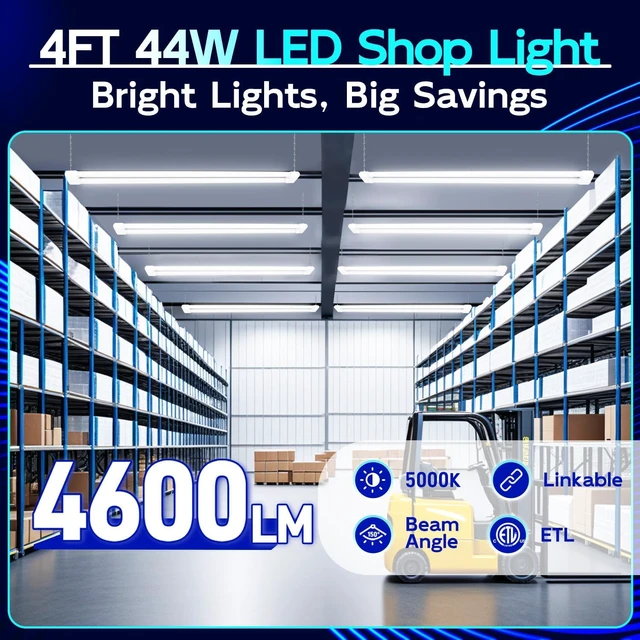 Alt view image 7 of 7 - LED Shop Light 4FT 44W (300W Equivalent), 4600LM 5000K Daylight Hanging or Surface Mount,Plug-in Utility Linkable Shop Light for Garage,Workshop,Warehouse,Energy Efficient,White,4 Pack