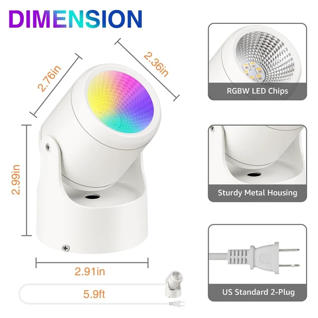 Alt view image 7 of 7 - 6W RGBW Uplighting Indoor Color Changing Up Lights Indoor with Remote Dimmable LED Spot Lights for Home Aluminum Accent Lighting for Party Plant Decor with 5.9 FT Plug Cord, 2 Pack