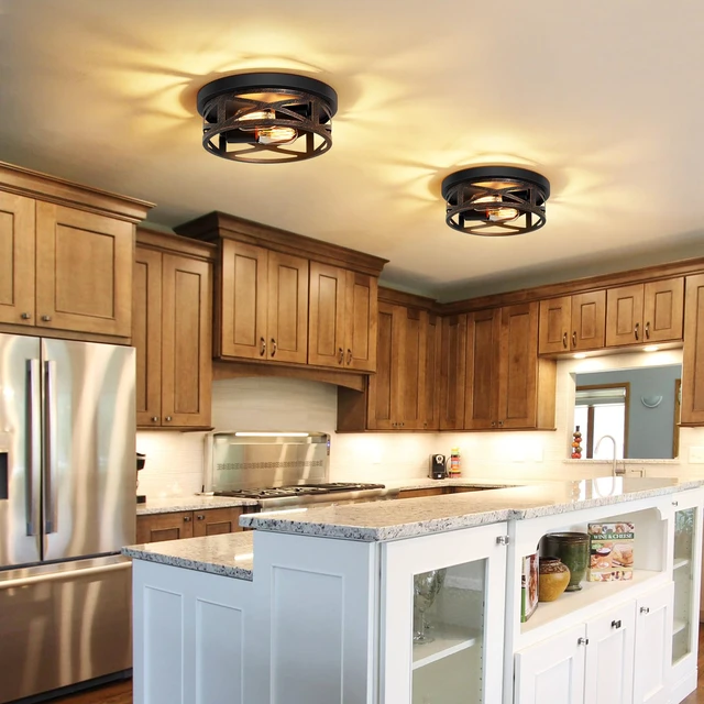 Alt view image 3 of 6 - 2 Pack Flush Mount Ceiling Light,Farmhouse Hallway Lighting Fixtures,Industrial Light Fixtures Ceiling Mount for Kitchen,Entryway,Bedroom,E26 Base