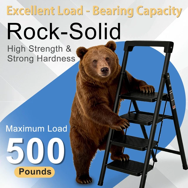 Alt view image 3 of 7 - 4 Step Ladder with Handrail Folding Step Stool with Tool Tray 500LBS Capacity Sturdy Carbon Steel Frame Anti-Slip Stripe Pedal for Home Kitchen Garage (black-4step)