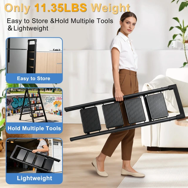 Alt view image 5 of 7 - 4 Step Ladder with Handrail Folding Step Stool with Tool Tray 500LBS Capacity Sturdy Carbon Steel Frame Anti-Slip Stripe Pedal for Home Kitchen Garage (black-4step)