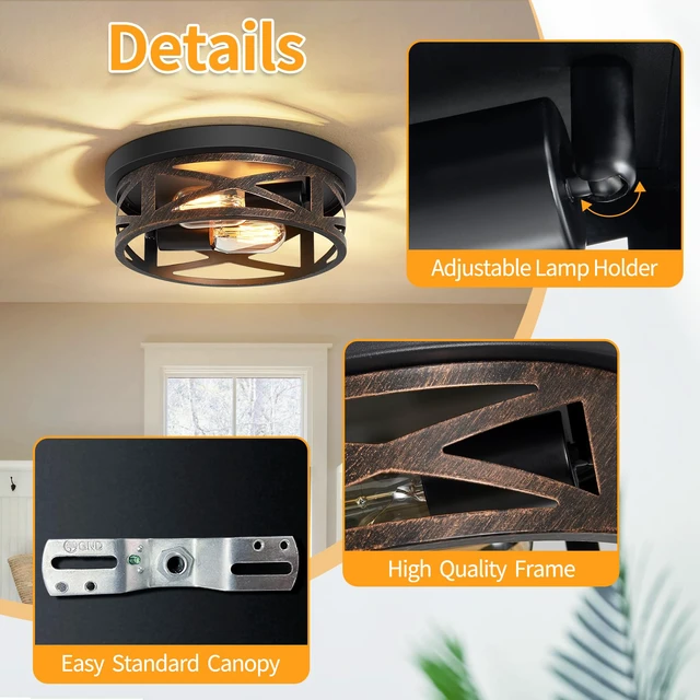 Alt view image 5 of 6 - 2 Pack Flush Mount Ceiling Light,Farmhouse Hallway Lighting Fixtures,Industrial Light Fixtures Ceiling Mount for Kitchen,Entryway,Bedroom,E26 Base