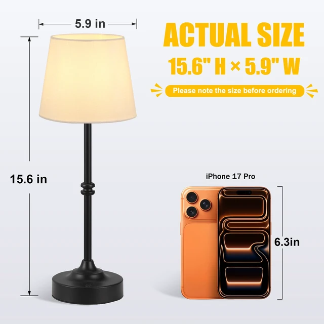 Alt view image 2 of 7 - Rechargeable Cordless Table Lamp Black - 1 Pack 4000mAh Battery Operated Lamp, 3000K Warm Light, Touch Control Stepless Dimming, for Bedside, Dining Table, Home Decor