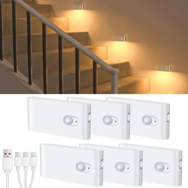 Main image of Motion Sensor Night Light, Rechargeable Stair Lights Indoor, Warm White Motion Sensor Light Indoor, Battery Operated Night Light for Hallway, Stairway, Bathroom, Bedroom, Kitchen, 6 Pack