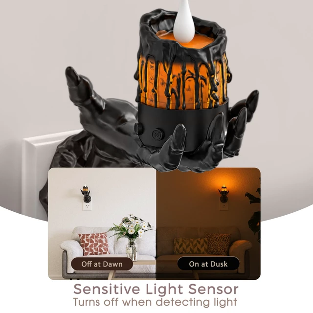 Alt view image 4 of 7 - Halloween Night Light, Gothic Hand Candle Night Light, Amber Spooky night lights plug into wall with flickering flame, dimmable, 2 light modes/flame modes for Halloween decor and parties