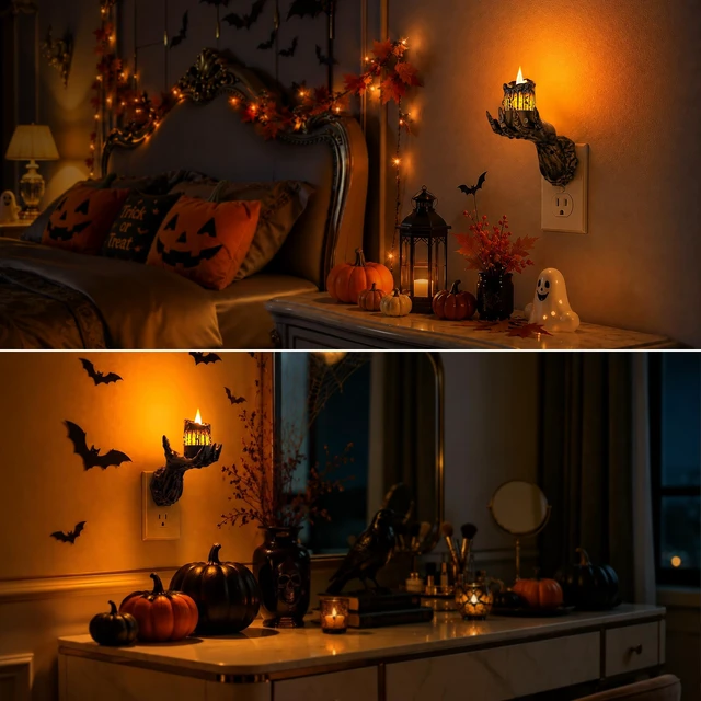 Alt view image 3 of 7 - Halloween Night Light, Gothic Hand Candle Night Light, Amber Spooky night lights plug into wall with flickering flame, dimmable, 2 light modes/flame modes for Halloween decor and parties