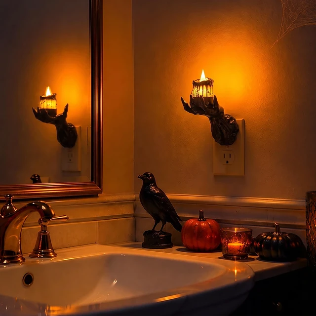 Alt view image 5 of 7 - Halloween Night Light, Gothic Hand Candle Night Light, Amber Spooky night lights plug into wall with flickering flame, dimmable, 2 light modes/flame modes for Halloween decor and parties