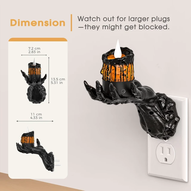 Alt view image 6 of 7 - Halloween Night Light, Gothic Hand Candle Night Light, Amber Spooky night lights plug into wall with flickering flame, dimmable, 2 light modes/flame modes for Halloween decor and parties