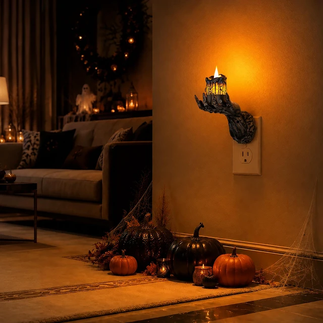 Alt view image 7 of 7 - Halloween Night Light, Gothic Hand Candle Night Light, Amber Spooky night lights plug into wall with flickering flame, dimmable, 2 light modes/flame modes for Halloween decor and parties