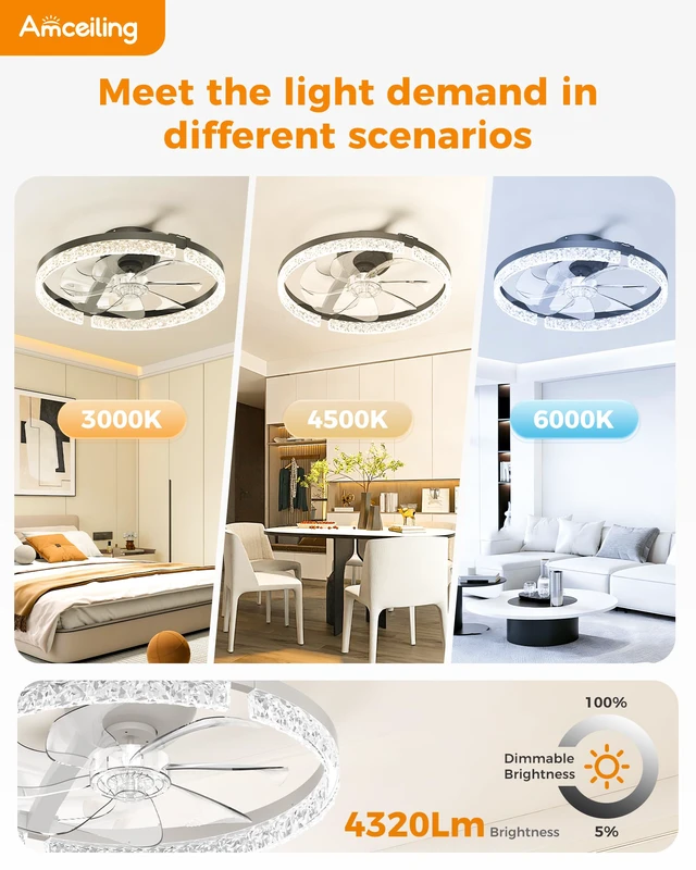 Alt view image 3 of 7 - Ceiling Fans with Lights and Remote Low Profile Ceiling Fan with APP Control, 3000K-6500K Dimmable, Quiet Modern Flush Mount Fandelier for Bedroom