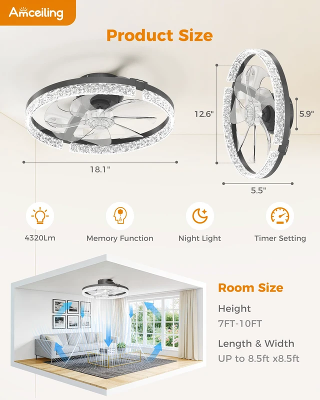 Alt view image 2 of 7 - Ceiling Fans with Lights and Remote Low Profile Ceiling Fan with APP Control, 3000K-6500K Dimmable, Quiet Modern Flush Mount Fandelier for Bedroom