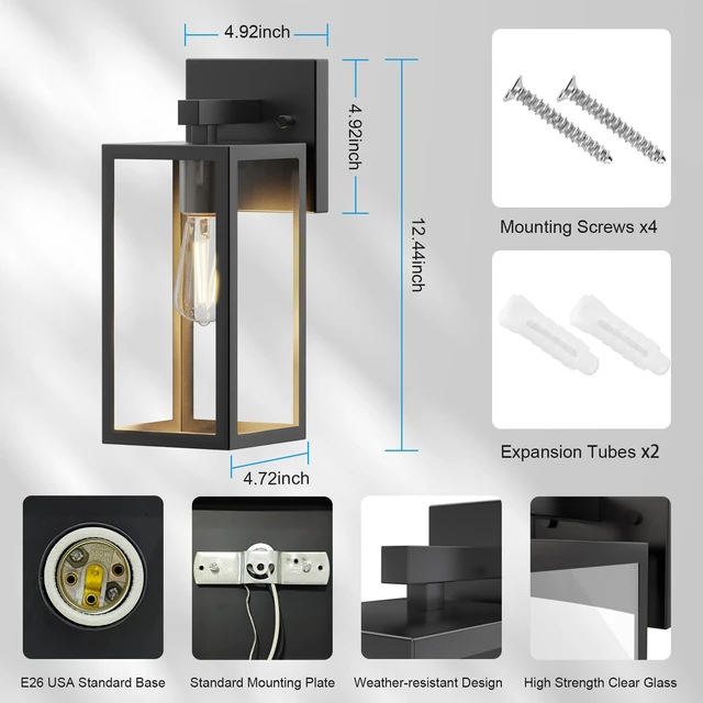 Alt view image 4 of 7 - Porch Wall Lights Outdoor, Waterproof Lanterns with Frame and Clear Glass Shade, Exterior Front Porch Light Matte Black Wall Sconce, Modern Mounted Lighting for Patio Entryway Hallway