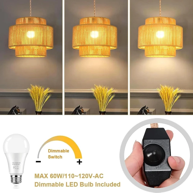 Alt view image 2 of 7 - Plug in Pendant Light Hanging Lights with Plug in Cord Hanging Lamp Boho Rattan Dimmable Wicker Bamboo Woven Shade Hemp Rope Ceiling Light Fixture for Living Room Bedroom Kitchen