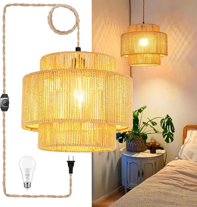 Main image of Plug in Pendant Light Hanging Lights with Plug in Cord Hanging Lamp Boho Rattan Dimmable Wicker Bamboo Woven Shade Hemp Rope Ceiling Light Fixture for Living Room Bedroom Kitchen