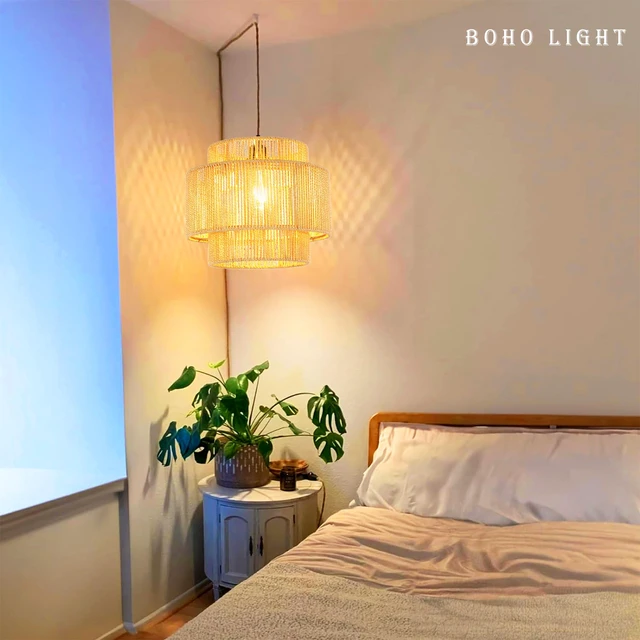 Alt view image 3 of 7 - Plug in Pendant Light Hanging Lights with Plug in Cord Hanging Lamp Boho Rattan Dimmable Wicker Bamboo Woven Shade Hemp Rope Ceiling Light Fixture for Living Room Bedroom Kitchen
