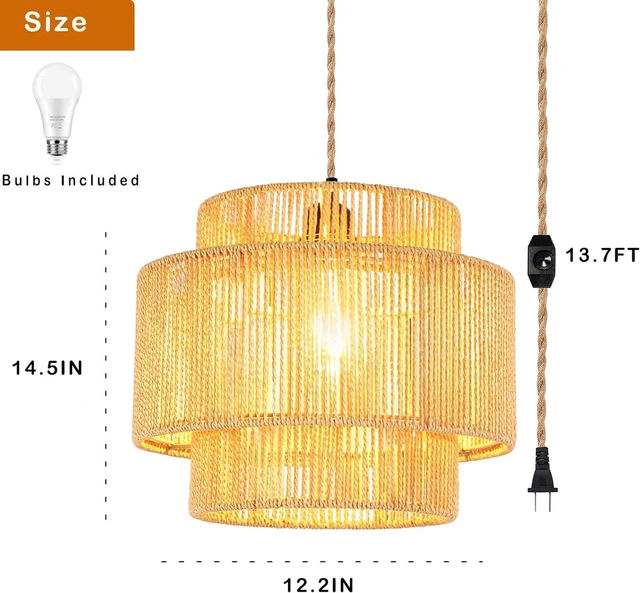 Alt view image 5 of 7 - Plug in Pendant Light Hanging Lights with Plug in Cord Hanging Lamp Boho Rattan Dimmable Wicker Bamboo Woven Shade Hemp Rope Ceiling Light Fixture for Living Room Bedroom Kitchen