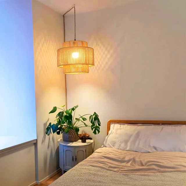 Alt view image 7 of 7 - Plug in Pendant Light Hanging Lights with Plug in Cord Hanging Lamp Boho Rattan Dimmable Wicker Bamboo Woven Shade Hemp Rope Ceiling Light Fixture for Living Room Bedroom Kitchen