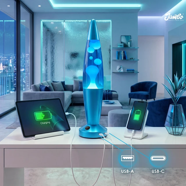 Alt view image 2 of 7 - Beautiful Liquid Lamp with USB Ports,16" Motion Light with Blue Liquid White Wax, Relaxing Nightlight, Mood Light for Bedroom, Living Room, Office - Adults, Teens, Kids