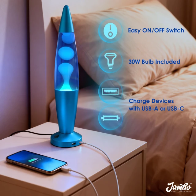 Alt view image 4 of 7 - Beautiful Liquid Lamp with USB Ports,16" Motion Light with Blue Liquid White Wax, Relaxing Nightlight, Mood Light for Bedroom, Living Room, Office - Adults, Teens, Kids