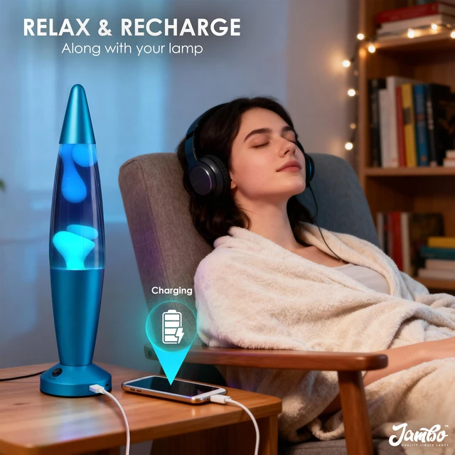 Alt view image 3 of 7 - Beautiful Liquid Lamp with USB Ports,16" Motion Light with Blue Liquid White Wax, Relaxing Nightlight, Mood Light for Bedroom, Living Room, Office - Adults, Teens, Kids