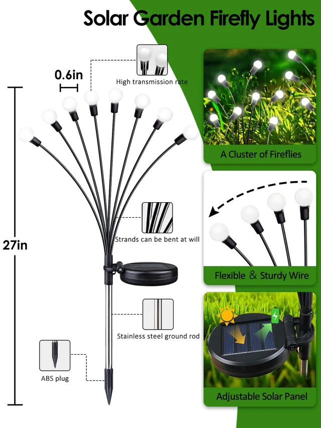 Alt view image 2 of 7 - 8 Pack Solar Garden Lights, 64 LED Firefly Lights Solar Outdoor Waterproof 2 Lighting Modes, Sway with Wind, Solar lights Outdoor for Garden Yard Patio Pathway Holiday Decorations, Cool White