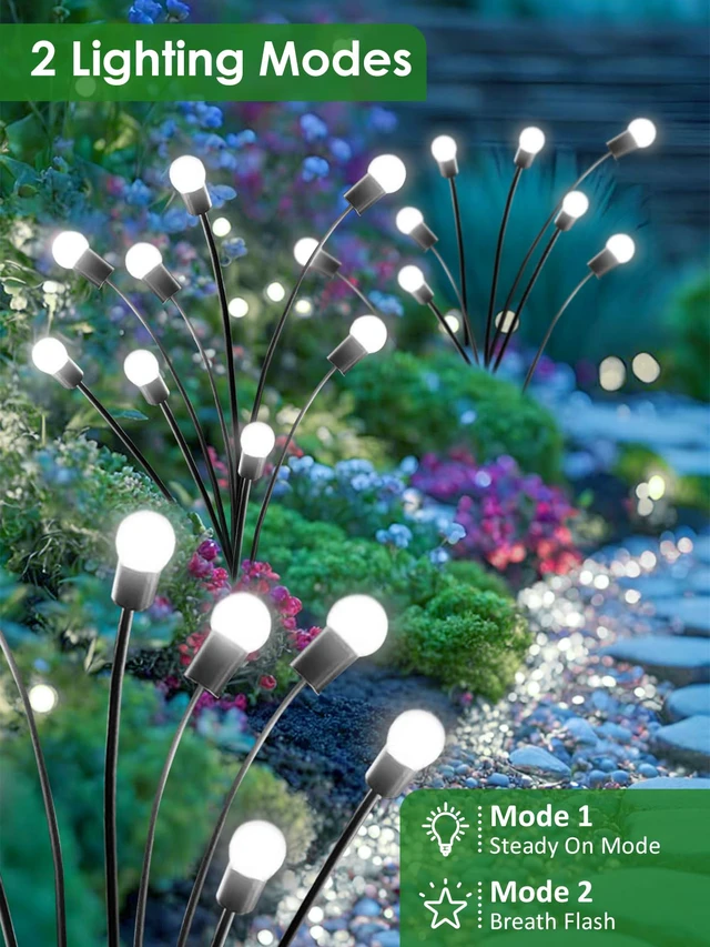 Alt view image 3 of 7 - 8 Pack Solar Garden Lights, 64 LED Firefly Lights Solar Outdoor Waterproof 2 Lighting Modes, Sway with Wind, Solar lights Outdoor for Garden Yard Patio Pathway Holiday Decorations, Cool White