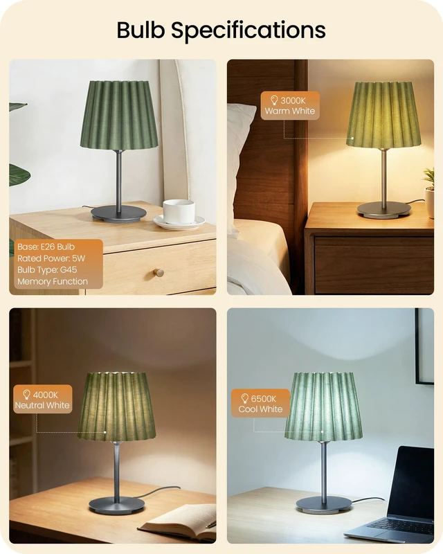 Alt view image 2 of 7 - Small Bedside Table Lamp, Dimmable Table Lamp with 3 Adjustable Color Temperatures, Nightstand Lamp with a Dimmable Bulb, E26 Base, for Bedroom, Study, Desk, Green and Black J15TL05