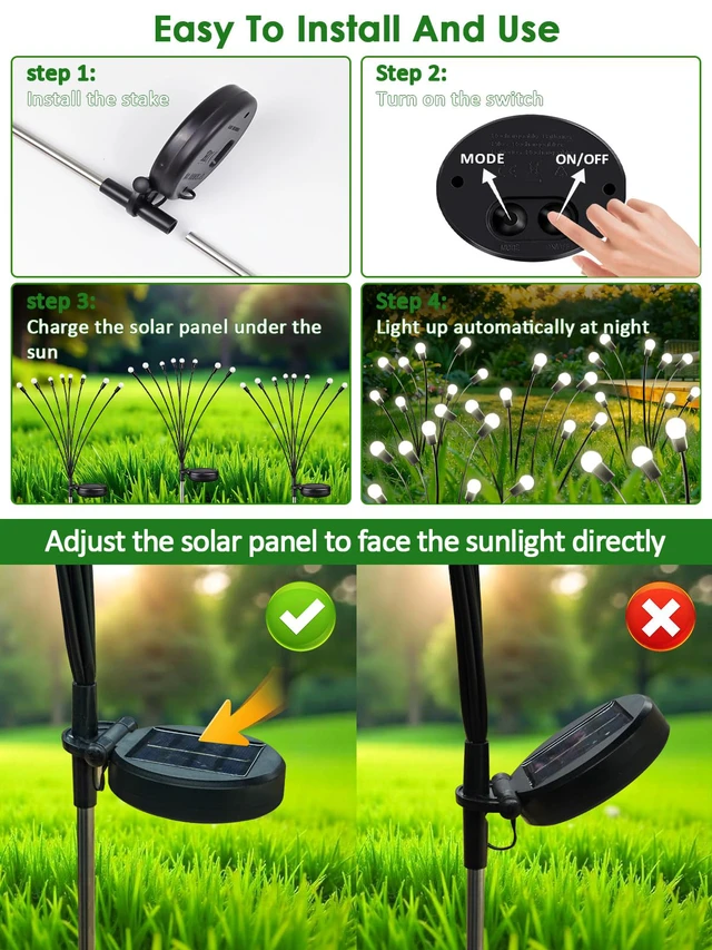 Alt view image 7 of 7 - 8 Pack Solar Garden Lights, 64 LED Firefly Lights Solar Outdoor Waterproof 2 Lighting Modes, Sway with Wind, Solar lights Outdoor for Garden Yard Patio Pathway Holiday Decorations, Cool White