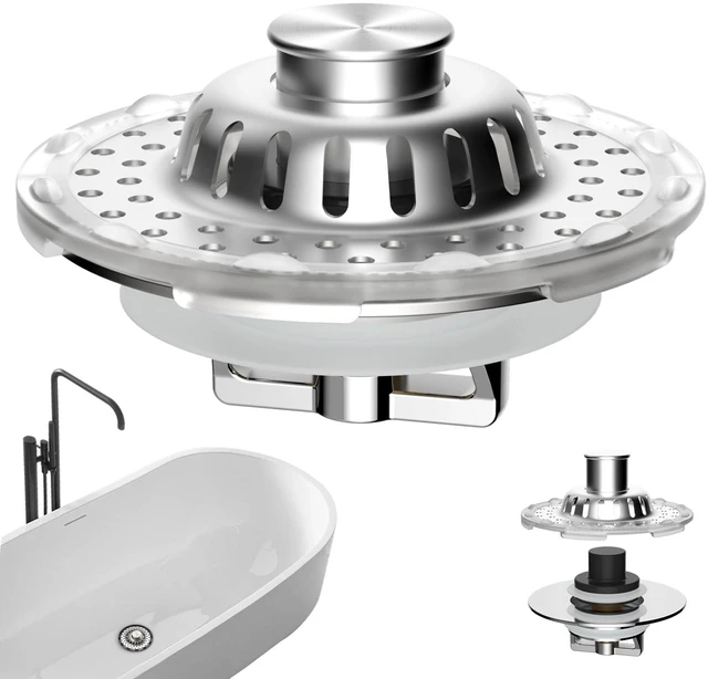 Main image of Universal Bathtub Drain Stopper, Metal Top Strainer Hair Catcher, Chrome Shower Drain Tub Stopper with Stainless Steel Visible Filter Basket, Upgraded 3 in 1 Pop-up Drain Plug for 1.5 to 2.4" Hole
