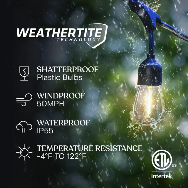 Alt view image 2 of 6 - Ambience Pro Super Bright Solar - 48 Ft Remote Control Outdoor String Lights with Shatterproof Commercial Grade LED S14 Edison Bulbs, Waterproof Patio Light for Deck, 4W Soft White, 15 Bulbs